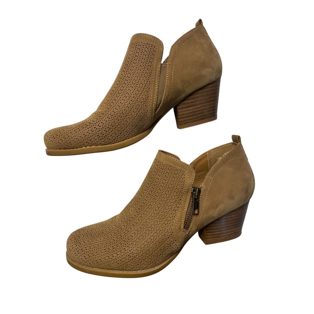 BareTraps Rianne Tan Suede Booties Laser cut Stacked Heel Women's Size 8.5
